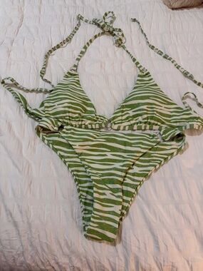 Green Zebra Print Bikini Set | Size Small | Tie Halter + High Cut Bottom